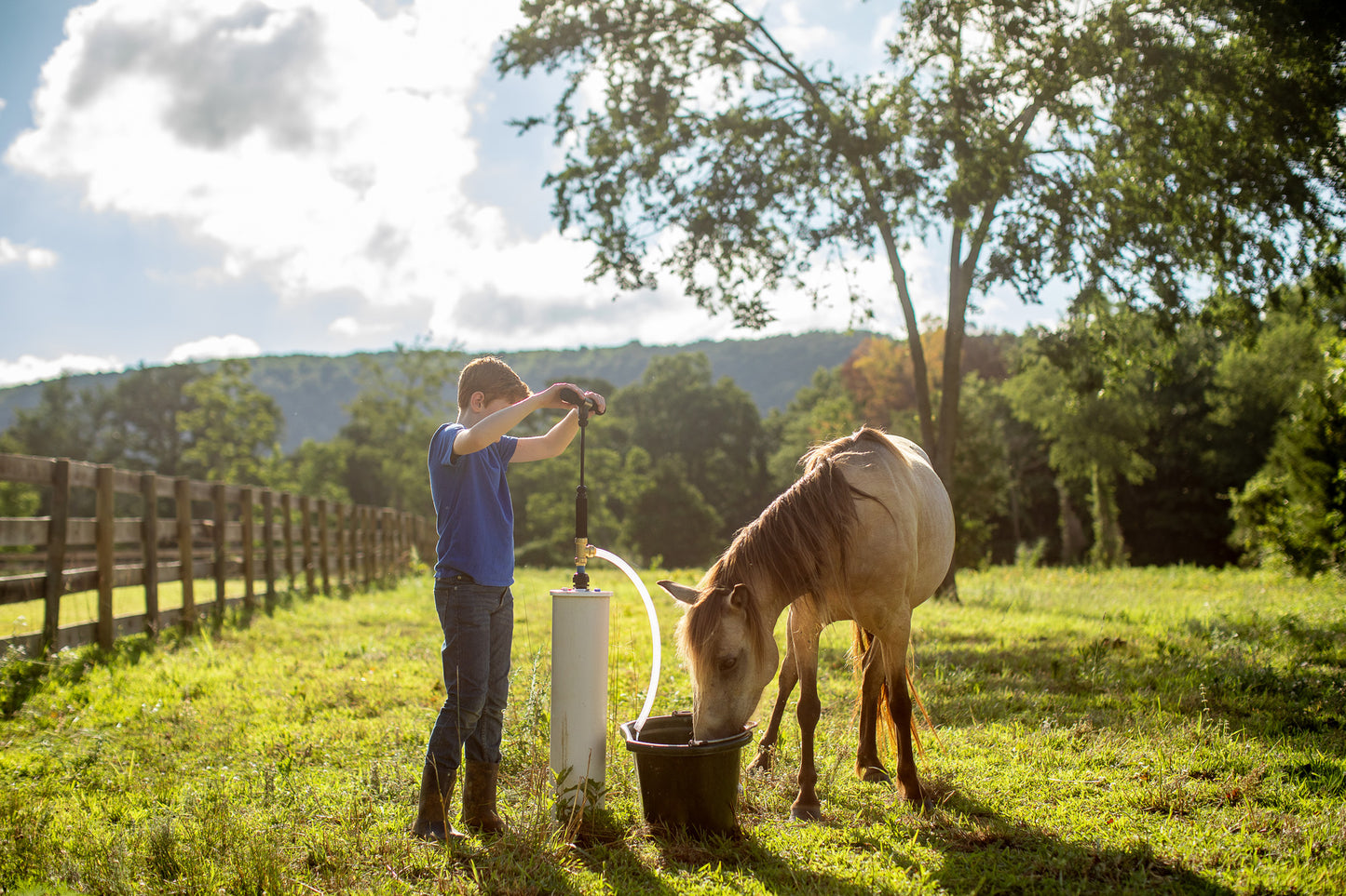 Drawing water for livestock with a Flojak Ready backup hand well pump.