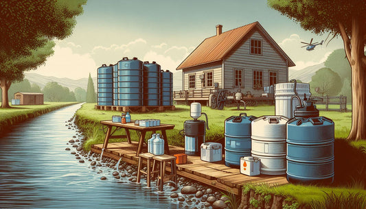 Country scene of a home on the water with barrels of water stored closely